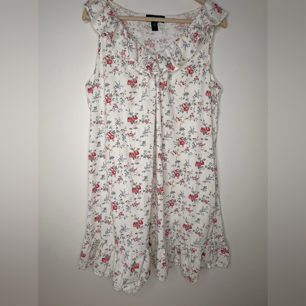 Lauren Ralph Lauren LRL Floral Sleeveless Nightgown Sz L Ruffle Neckline White